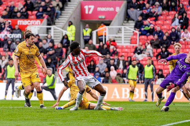 Jesurun Rak-Sakyi of Stoke City scores to make it  1-1 during the Sky Bet Championship match Stoke City vs Blackburn Rovers at Bet365 Stadium, Stoke On Trent, United Kingdom on 11 April 2026

(Photo by Maynard Manyowa/News Images)