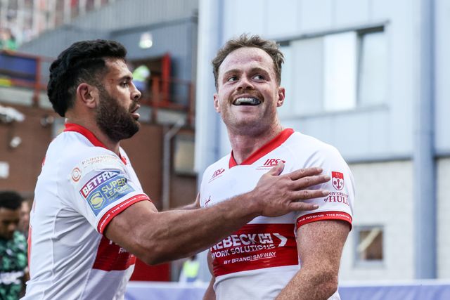 Joe Burgess of Hull KR celebrates his try during the Betfred Super League round 15 match Hull KR vs Leigh Leopards at Sewell Group Craven Park, Hull, United Kingdom on 19 June 2026

(Photo by Alfie Cosgrove/News Images)