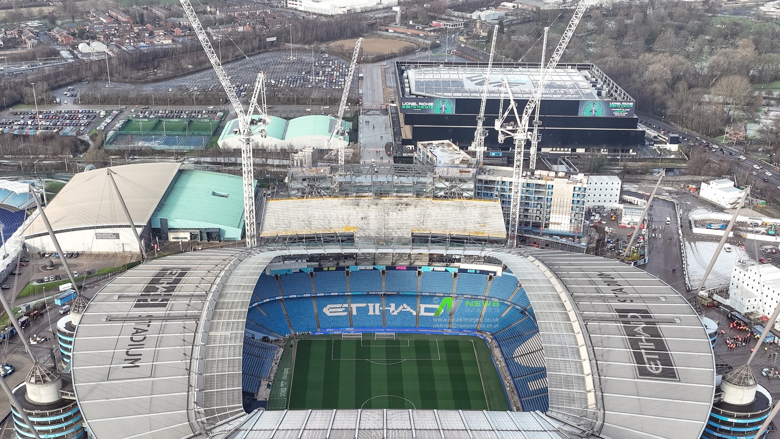 An aerial view of the Etihad Stadium and the construction of the new North Stand that will take the capacity of the Etihad to almost 62,000 during the Emirates FA Cup 3rd Round match Manchester City vs Salford City at Etihad Stadium, Manchester, United Kingdom, 11th January 2025

(Photo by Mark Cosgrove/News Images)