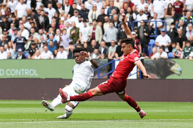 Thierry Gale of Bolton Wanderers shoots and scores to make it 2-0 during the Sky Bet Championship match Bolton Wanderers vs Preston North End at Toughsheet Community Stadium, Bolton, United Kingdom on 15 August 2026

(Photo by Jorge Horsted/News Images)