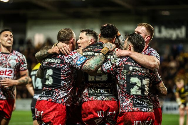 Jacob Alick-Wiencke of Leigh Leopards celebrates his try during the Betfred Super League round 8 match York Knights vs Leigh Leopards at LNER Community Stadium, York, United Kingdom on 17 April 2026

(Photo by Alfie Cosgrove/News Images)