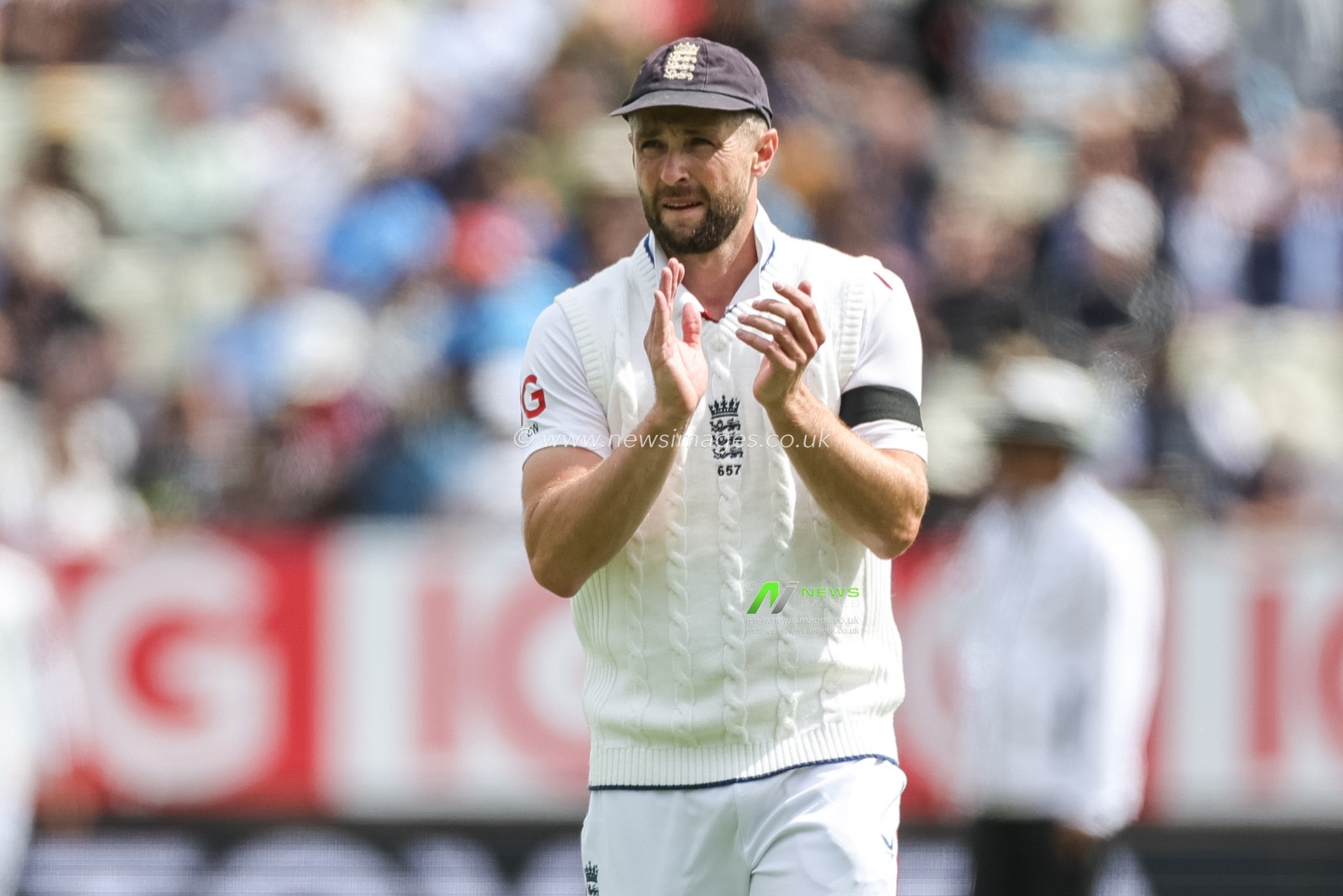Chris Woakes of England applauds his team mates during the 2nd Rothesay Test Match Day 1 England vs India at Edgbaston, Birmingham, United Kingdom, 2nd July 2025

(Photo by Mark Cosgrove/News Images)