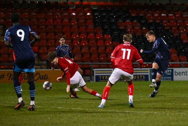 Theo Upton of Blackpool shoots on goal during the FA Youth Cup U18â€™s match Crewe Alexandra vs Blackpool at The Mornflake Stadium, Crewe, United Kingdom, 27th November 2024

(Photo by Craig Thomas/News Images)