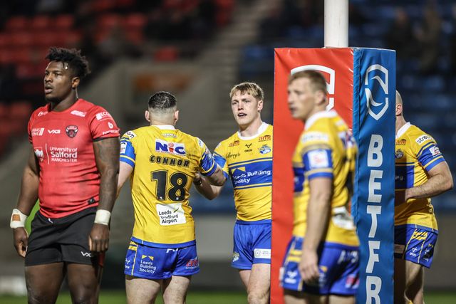 James McDonnell of Leeds Rhinos celebrates his try during the Betfred Super League match Salford Red Devils vs Leeds Rhinos at Salford Community Stadium, Eccles, United Kingdom, 10th April 2025

(Photo by Alfie Cosgrove/News Images)