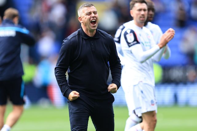 Steven Schumacher manager of Bolton Wanderers celebrates 2-1 win after the Sky Bet Championship match Bolton Wanderers vs Preston North End at Toughsheet Community Stadium, Bolton, United Kingdom on 15 August 2026

(Photo by Jorge Horsted/News Images)