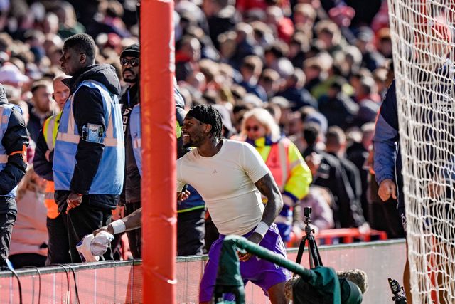 Tammy Abraham of Aston Villa applauds the fans after the final whistle and gives his shirt to a fan during the Premier League match Nottingham Forest vs Aston Villa at City Ground, Nottingham, United Kingdom on 12 April 2026

(Photo by Maynard Manyowa/News Images)