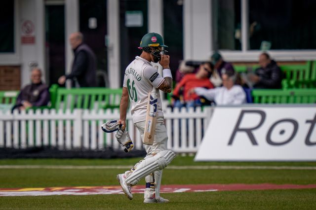 Jake Weatherald walks off after being caught off the bowling of Lyndon Jamesduring the County Championship Division One day 3 Leicestershire vs Nottinghamshire at Grace Road, Leicester, United Kingdom on 03 May 2026

(Photo by Maynard Manyowa/News Images)