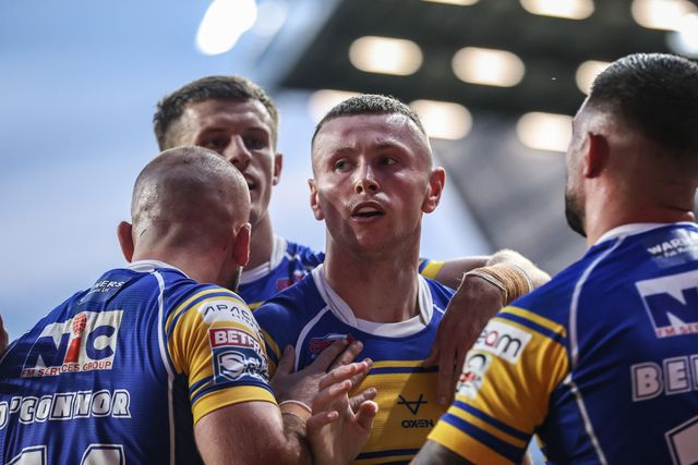 Harry Newman of Leeds Rhinos celebrates his try during the Betfred Super League round 19 match Leeds Rhinos vs Salford Red Devils at Headingley Stadium, Leeds, United Kingdom, 18th July 2025

(Photo by Alfie Cosgrove/News Images)