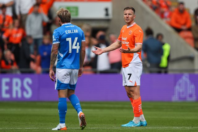 Lee Evans of Blackpool reacts to Will Collar of Stockport County throwing the ball away during the Sky Bet League 1 match Blackpool vs Stockport County at Bloomfield Road, Blackpool, United Kingdom, 17th August 2024

(Photo by Gareth Evans/News Images)