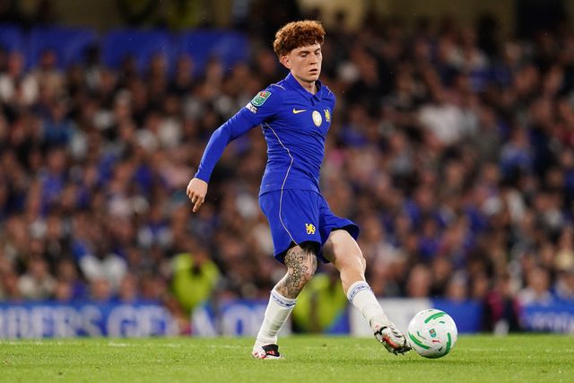 Valentin Barco of Chelsea plays a pass during the Carabao Cup round 2 match Chelsea vs Luton Town at Stamford Bridge, London, United Kingdom on 27 August 2026

(Photo by Harvey Murphy/News Images)