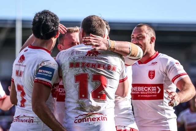 James Batchelor of Hull KR celebrates his try during the Betfred Challenge Cup Semi-Finals match Warrington Wolves vs Hull KR at Eco-Power Stadium, Doncaster, United Kingdom on 10 May 2026

(Photo by Alfie Cosgrove/News Images)