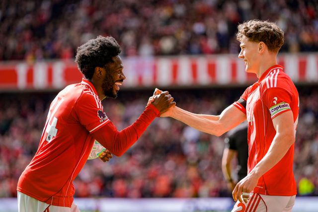 Ola Aina of Nottingham Forest and Ryan Yates of Nottingham Forest celebrates Morgan Gibbs-White of Nottingham Forest scoring a goal to make it  during the Premier League match Nottingham Forest vs Burnley at City Ground, Nottingham, United Kingdom on 19 April 2026

(Photo by Maynard Manyowa/News Images)