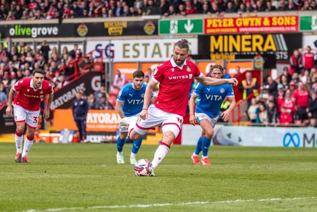 Wrexham's Jay Rodriguez fails to convert his penalty but scores the rebound during the Sky Bet League 1 match Wrexham vs Stockport County at SToK Cae Ras, Wrexham, United Kingdom, 22nd March 2025

(Photo by Nik Mesney/News Images)