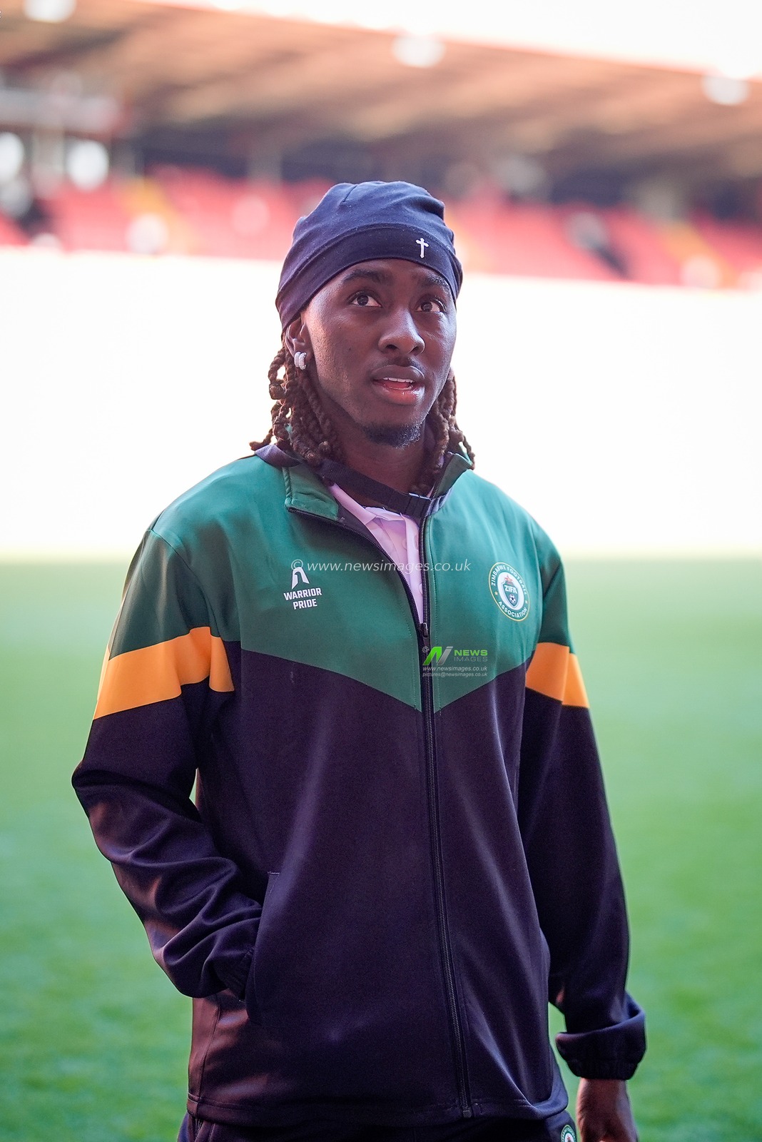 Jordan Zemura of Zimbabwe inspects the pitch prior to kick off during the Nigeria vs Zimbabwe Unity Cup 2026 semi-final match at The Valley in Charlton, London, England on Tuesday, May 26, 2026.