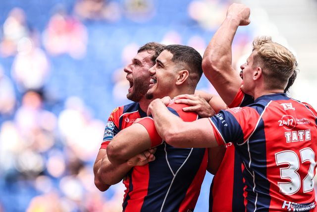 Caleb Hamlin-Uele of Wakefield Trinity celebrates his try during the Betfred Super League Magic Weekend match Wakefield Trinity vs Castleford Tigers at Hill Dickinson Stadium, Liverpool, United Kingdom on 05 July 2026

(Photo by Alfie Cosgrove/News Images)