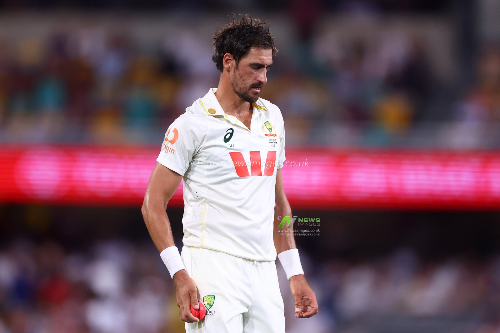 Mitchell Starc of Australia looks on during Day 3 of the Second Test in the NRMA Insurance Ashes Series Australia vs England at The Gabba, Brisbane Cricket Ground, Brisbane, Australia, 6th December 2025

(Photo by Patrick Hoelscher/News Images)

*** GER AUT SUI OUT ***