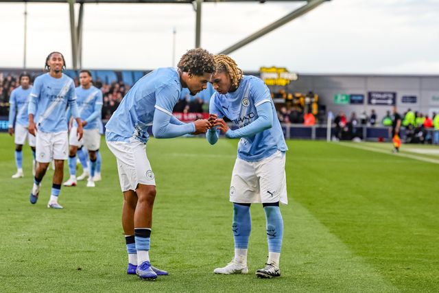 Floyd Samba of Manchester City U18's celebrates his goal to make it 1-0 during the FA Youth Cup Final match Manchester City U18 vs Manchester United U18 at Joie Stadium, Manchester, United Kingdom on 14 May 2026

(Photo by Mark Cosgrove/News Images)