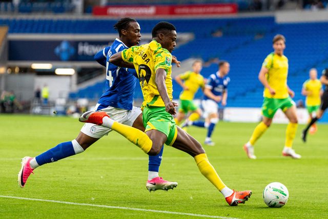 Anthony Musaba of Norwich City crosses the ball during the Carabao Cup round 2 match Cardiff City vs Norwich City at Cardiff City Stadium, Cardiff, United Kingdom on 25 August 2026

(Photo by Andrew Lewis/News Images)