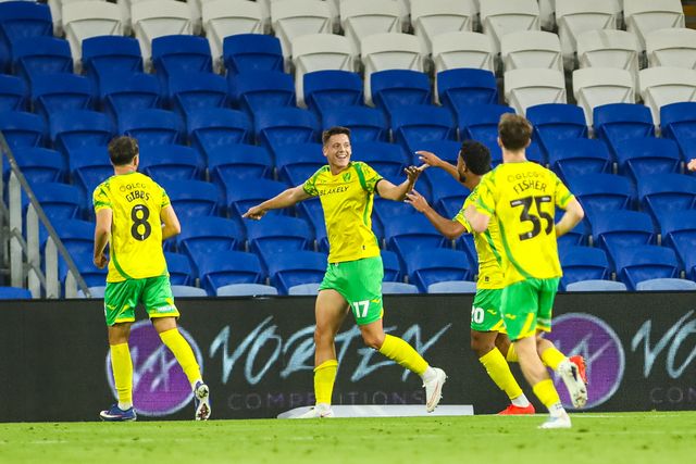 Ante Crnac of Norwich City celebrates scoring his teams second goal during the Carabao Cup round 2 match Cardiff City vs Norwich City at Cardiff City Stadium, Cardiff, United Kingdom on 25 August 2026

(Photo by Andrew Lewis/News Images)