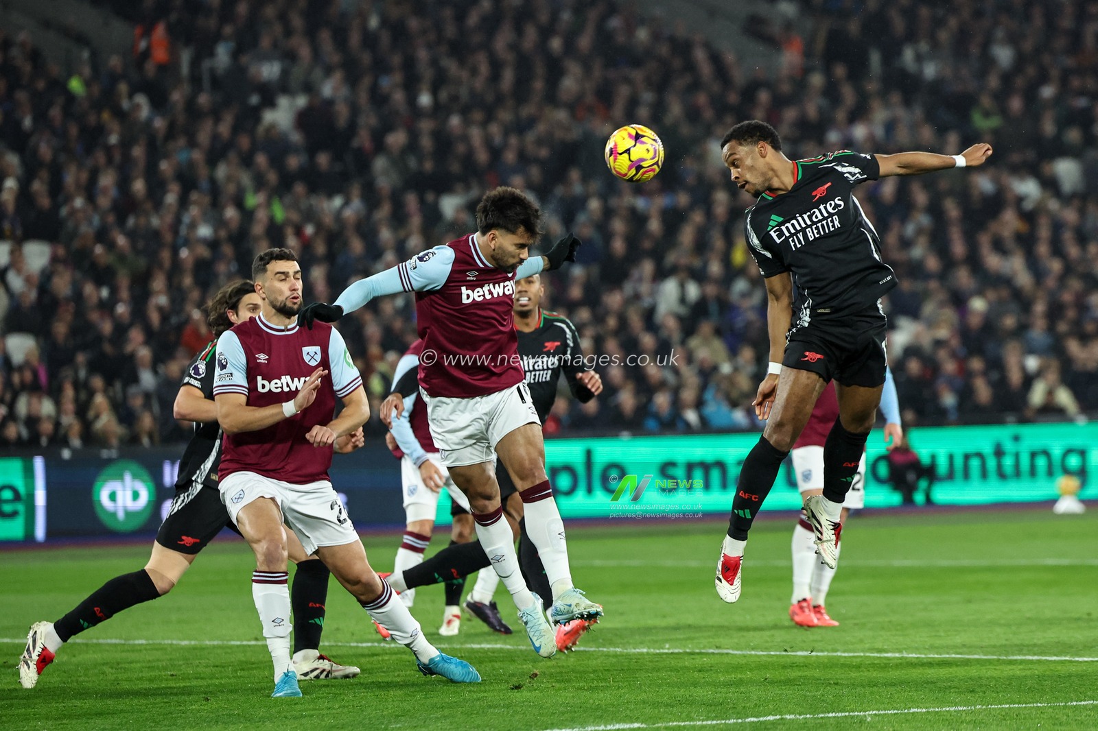 Lucas PaquetÃ¡ of West Ham United heads the ball clear of his defensive area during the Premier League match West Ham United vs Arsenal at London Stadium, London, United Kingdom, 30th November 2024

(Photo by Mark Cosgrove/News Images)