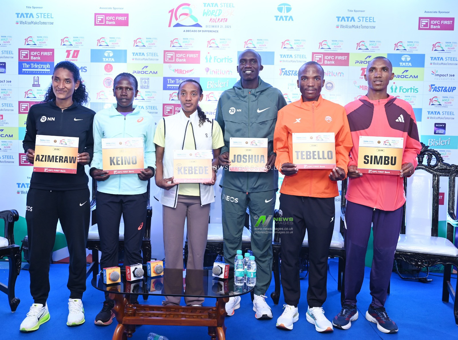 Tata Steel World 25K Kolkata 2025-International top Elite athletes Alphonce Felix Simbu (Tanzania); Agnes Keino (Kenya); Joshua Cheptegei (Uganda); Sutume Asefa Kebede (Ethiopia); Tebello Ramakonga (Lesotho) and Degitu Azimeraw (Ethiopia) on December 19,2025. in Kolkata,India,Photo by Debajyoti Chakraborty.