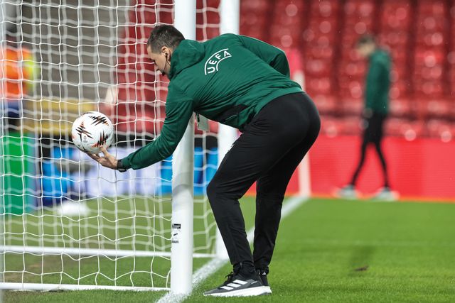 Referee Rade Obrenovic checks the goal line technology during the UEFA Europa League Last 16 match Nottingham Forest vs FC Midtjylland at City Ground, Nottingham, United Kingdom on 12 March 2026

(Photo by Alfie Cosgrove/News Images)
