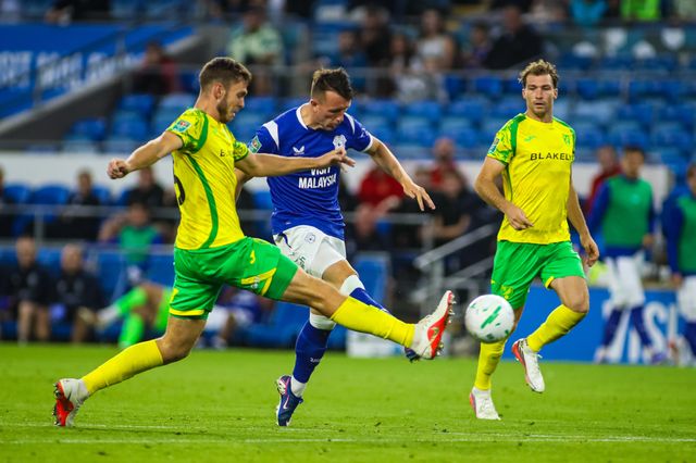 David Turnbull of Cardiff City has a shot on goal during the Carabao Cup round 2 match Cardiff City vs Norwich City at Cardiff City Stadium, Cardiff, United Kingdom on 25 August 2026

(Photo by Andrew Lewis/News Images)