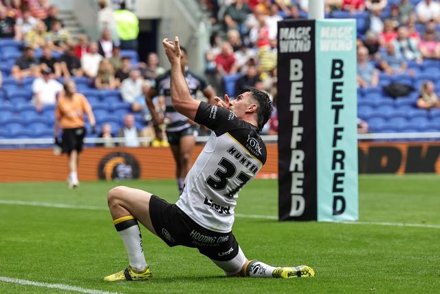 Cody Hunter of York Knights celebrates his try during the Betfred Super League Magic Weekend match Huddersfield Giants vs York Knights at Hill Dickinson Stadium, Liverpool, United Kingdom on 04 July 2026

(Photo by Mark Cosgrove/News Images)