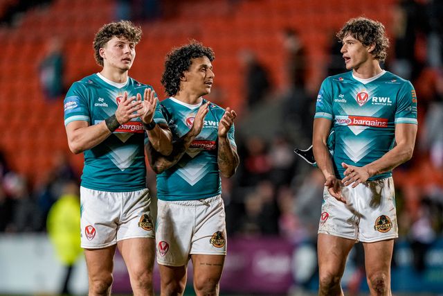 Owen Dagnall of St Helens, Harry Robertson of St Helens and Tristan Sailor of St Helens applaud the fans  during the Betfred Challenge Cup Quarter Final match St Helens vs Catalans Dragons at The BrewDog Stadium, St Helens, United Kingdom on 10 April 2026

(Photo by Maynard Manyowa/News Images)