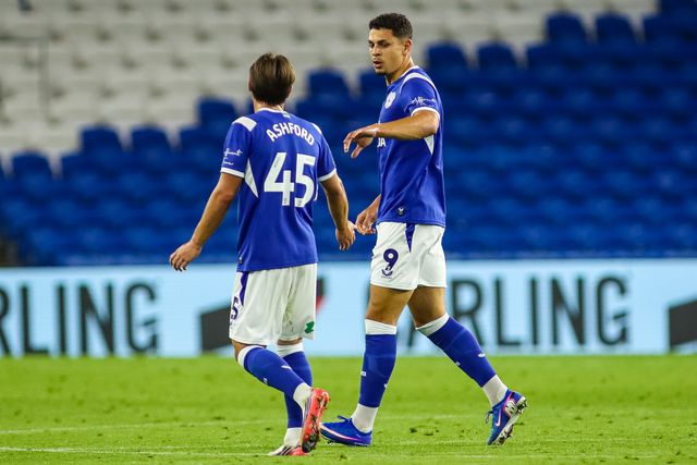 Yousef Salech of Cardiff City celebrates scoring his teams first goal with Cian Ashford during the Carabao Cup round 2 match Cardiff City vs Norwich City at Cardiff City Stadium, Cardiff, United Kingdom on 25 August 2026

(Photo by Andrew Lewis/News Images)