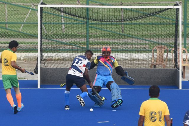 Indian veteran hockey players play at a match ahead the celebrate World Olympic Day in Howrah, West Bengal ,India on June 22,2025.Photo by Debajyoti Chakraborty. World Olympic Day celebrates every year June 23.(Photo: Debajyoti Chakraborty/News Images)