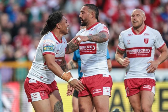 Tom Amone of Hull KR celebrates his try with Elliot Minchella of Hull KR during the Betfred Super League round 10 match Hull KR vs Castleford Tigers at Sewell Group Craven Park, Hull, United Kingdom on 30 April 2026

(Photo by Mark Cosgrove/News Images)