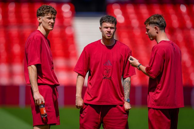 Ryan Yates of Nottingham Forest , Neco Williams of Nottingham Forest  and James McAtee of Nottingham Forest inspect the pitch prior to kick off during the Premier League match Nottingham Forest vs Bournemouth at City Ground, Nottingham, United Kingdom on 24 May 2026

(Photo by Maynard Manyowa/News Images)