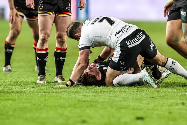 Dan Russell of Bradford Bulls stays down injured after a tackle from Aidan Sezer of Hull FC during the Betfred Super League round 1 match Hull FC vs Bradford Bulls at MKM Stadium, Hull, United Kingdom on 14 February 2026

(Photo by Alfie Cosgrove/News Images)