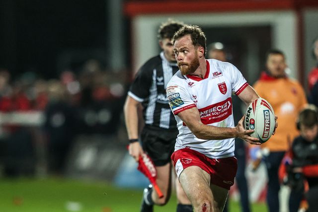 Joe Burgess of Hull KR keeps the ball in play during the Betfred Super League round 6 match Hull KR vs St Helens at Sewell Group Craven Park, Hull, United Kingdom on 27 March 2026

(Photo by Alfie Cosgrove/News Images)