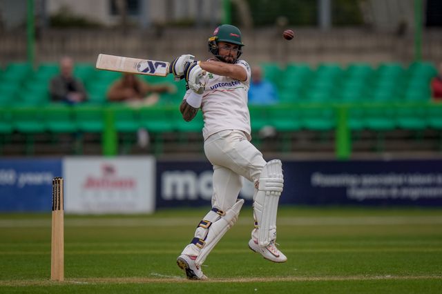 Jake Weatherald of Leicestershire hits the ball for four during the County Championship Division One day 3 Leicestershire vs Nottinghamshire at Grace Road, Leicester, United Kingdom on 03 May 2026

(Photo by Maynard Manyowa/News Images)