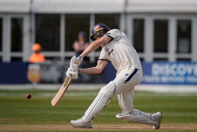 Zak Chappell holes out and is caught for the final wicket on the first innings during the County Championship Division Two Derbyshire v Gloucestershire at The Central Co-Op County Ground, Derby, United Kingdom on 26 April 2026

(Photo by Maynard Manyowa/News Images)