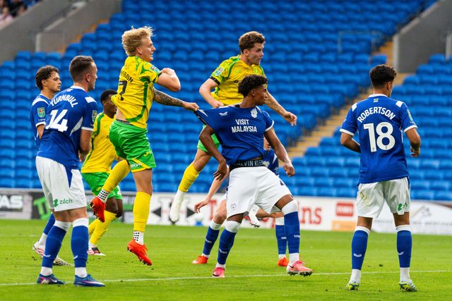 Mathias Kvistgaarden of Norwich City heads his teams first goal during the Carabao Cup round 2 match Cardiff City vs Norwich City at Cardiff City Stadium, Cardiff, United Kingdom on 25 August 2026

(Photo by Andrew Lewis/News Images)