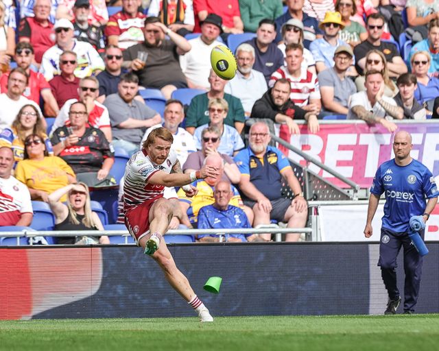 Adam Keighran of Wigan Warriors converts for a goal on his own try during the Betfred Super League Magic Weekend match Wigan Warriors vs St Helens at Hill Dickinson Stadium, Liverpool, United Kingdom on 05 July 2026

(Photo by Mark Cosgrove/News Images)
