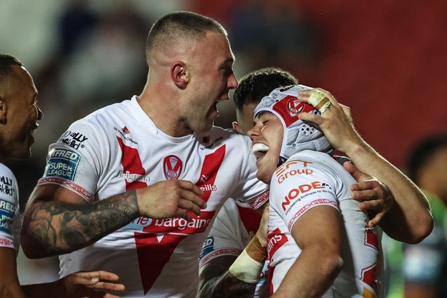 George Whitby of St. Helens celebrates his hat-trick of tries during the Betfred Super League Round 11 match St Helens vs Catalans Dragons at Totally Wicked Stadium, St Helens, United Kingdom, 15th May 2025

(Photo by Mark Cosgrove/News Images)