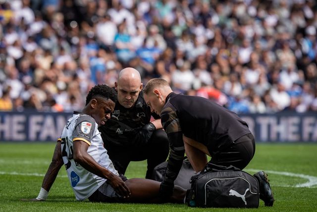 Jaydon Banel of Derby County goes down injured, receives treatment after an injury and is substituted off during the Sky Bet Championship match Derby County vs Sheffield United at Pride Park Stadium, Derby, United Kingdom on 02 May 2026

(Photo by Maynard Manyowa/News Images)