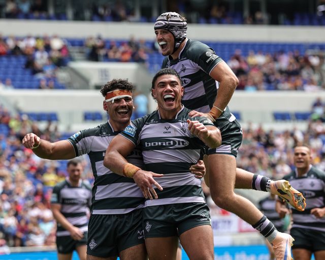 Chris Patolo of Huddersfield Giants celebrates his try during the Betfred Super League Magic Weekend match Huddersfield Giants vs York Knights at Hill Dickinson Stadium, Liverpool, United Kingdom on 04 July 2026

(Photo by Mark Cosgrove/News Images)