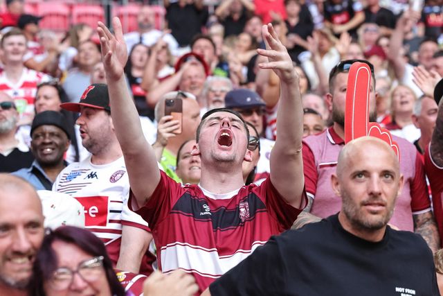 Wigan fans celebrate the try of Jack Farrimond of Wigan Warriors during the Betfred Challenge Cup Final match Wigan Warriors vs Hull KR at Wembley Stadium, London, United Kingdom on 30 May 2026

(Photo by Mark Cosgrove/News Images)