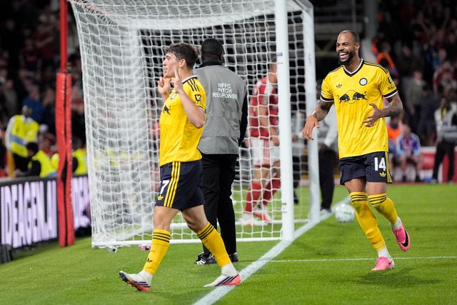 Daniel James of Leeds United celebrates his goal to make it  0-1 during the Carabao Cup round 2 match Nottingham Forest vs Leeds Rhinos at City Ground, Nottingham, United Kingdom on 25 August 2026

(Photo by Maynard Manyowa/News Images)