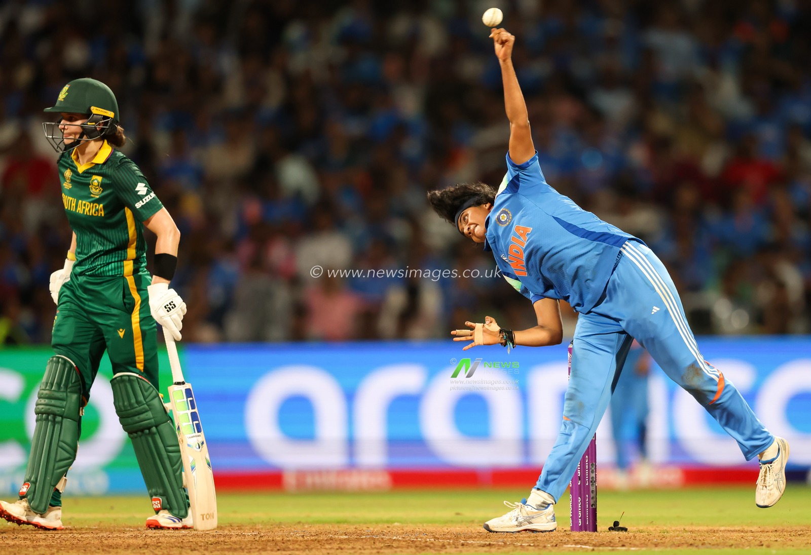 Sree Charani of India during the ICC Women's ODI Cricket World Cup Final 2025 session India Women vs South Africa Women at Dr. D.Y. Patil Sports Academy, Navi Mumbai, India, 2nd November 2025

(Photo by Shubhajit Roy Karmakar/News Images)