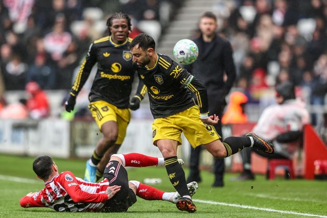 Bruno Fernandes of Manchester United is tackled by Enzo Le Fee of Sunderland during the Premier League match Sunderland vs Manchester United at Stadium Of Light, Sunderland, United Kingdom on 09 May 2026

(Photo by Alfie Cosgrove/News Images)