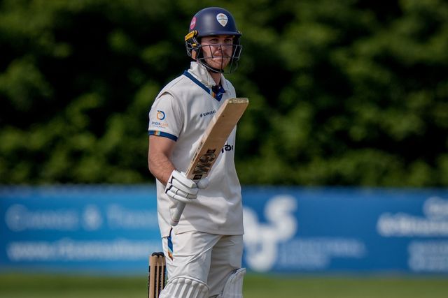 Matthew Montgomery raises his bat to the pavilion to celebrate scoring a fifty during the county Championship Division Two day 4 Derbyshire vs Gloucestershire at The Central Co-Op County Ground, Derby, United Kingdom on 27 April 2026

(Photo by Maynard Manyowa/News Images)