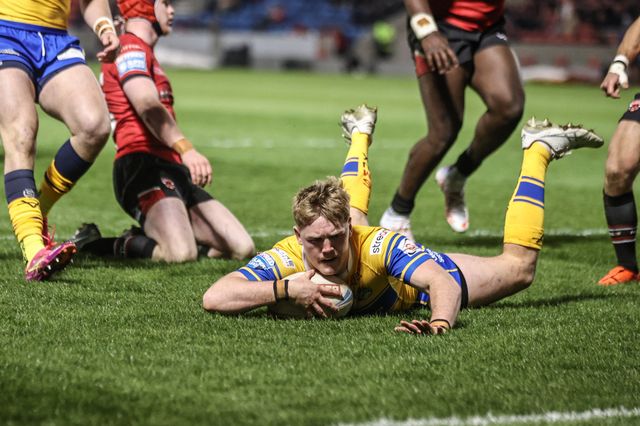 James McDonnell of Leeds Rhinos goes over for a try during the Betfred Super League match Salford Red Devils vs Leeds Rhinos at Salford Community Stadium, Eccles, United Kingdom, 10th April 2025

(Photo by Alfie Cosgrove/News Images)