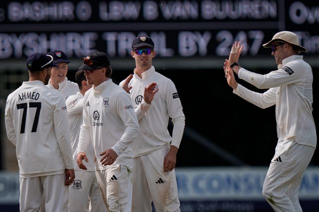 Shoaib Bashir walks off after being given out LBW off the bowling of Graeme van Buuren as Gloucestershire players celebrate a wicket during the County Championship Division Two Derbyshire v Gloucestershire at The Central Co-Op County Ground, Derby, United Kingdom on 26 April 2026

(Photo by Maynard Manyowa/News Images)
