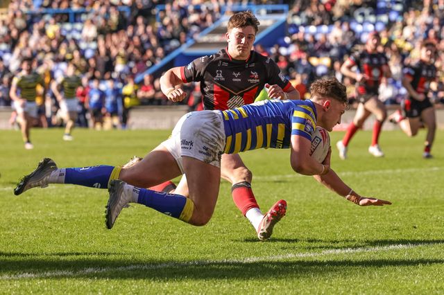 Lachlan Webster of Warrington Wolves goes over for a try on his debut during the Betfred Challenge Cup round 4 match Goole Vikings vs Warrington Wolves at The Halliwell Jones Stadium, Warrington, United Kingdom on 14 March 2026

(Photo by Mark Cosgrove/News Images)